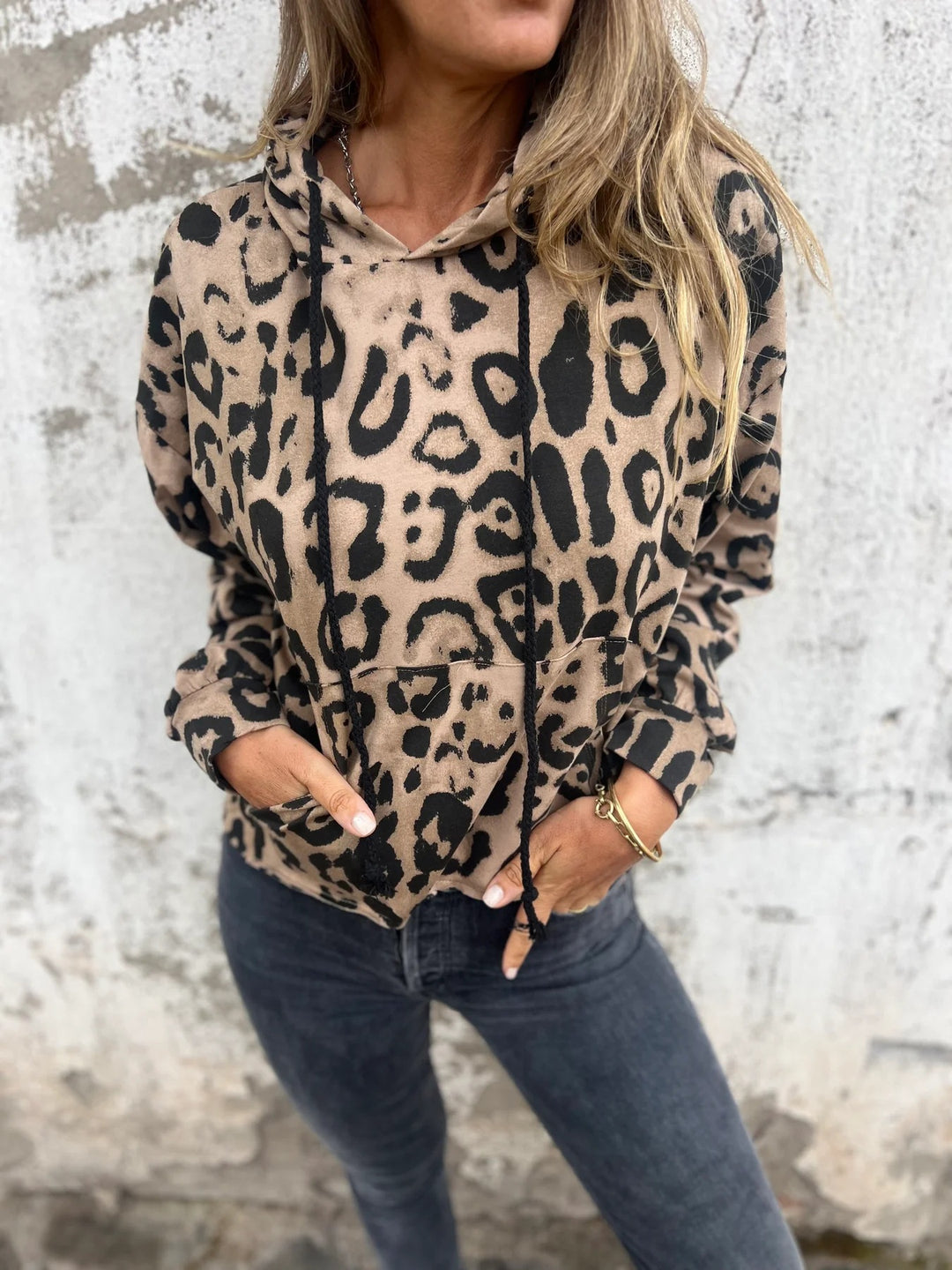 Damen Kapuzenpullover mit lässigem Leopardenmuster und praktischen Seitentaschen EB