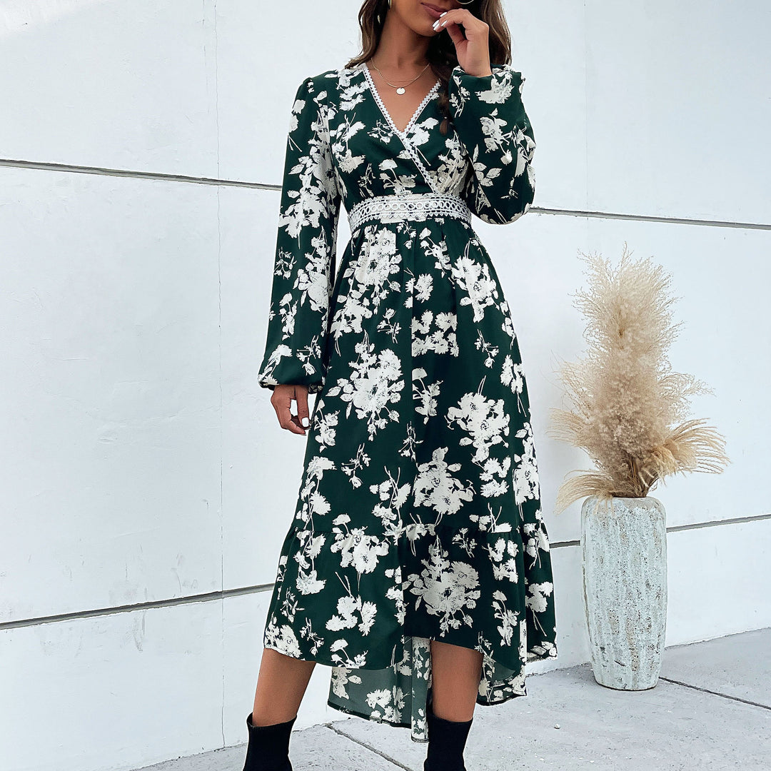 Damen elegantes Maxikleid mit floralem Design und schwingendem Saum EB