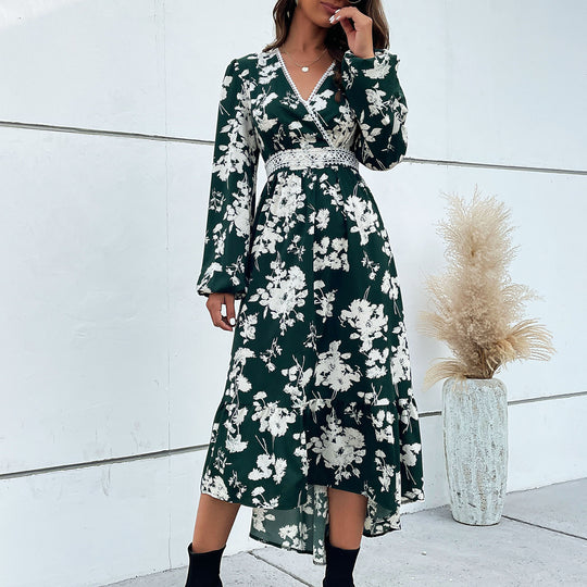 Damen elegantes Maxikleid mit floralem Design und schwingendem Saum EB