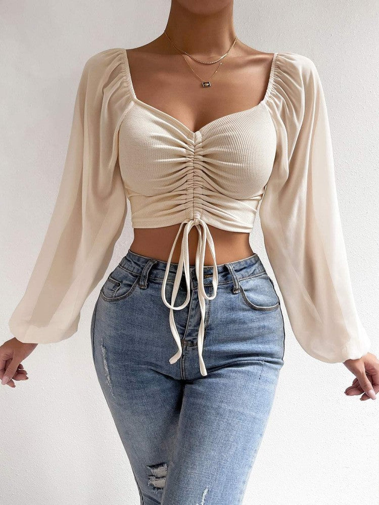 Damen Crop-Top mit strukturiertem Körper und eleganten Puffärmeln EB
