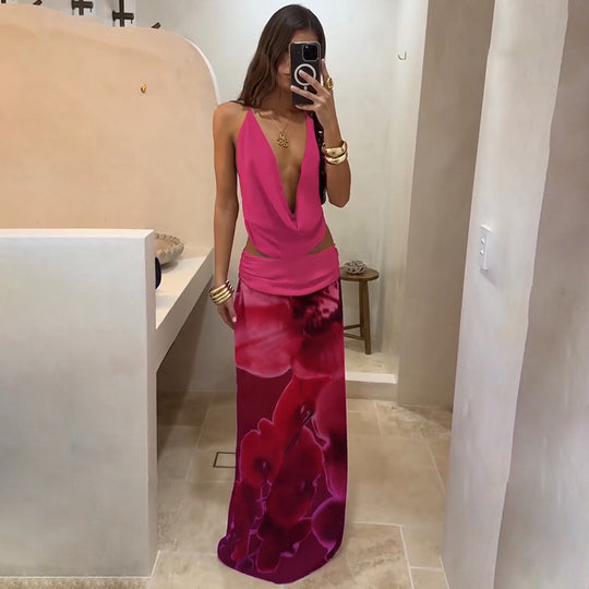 Damen Boho Maxikleid mit raffiniertem Oberteil und floraler Drapierung EB