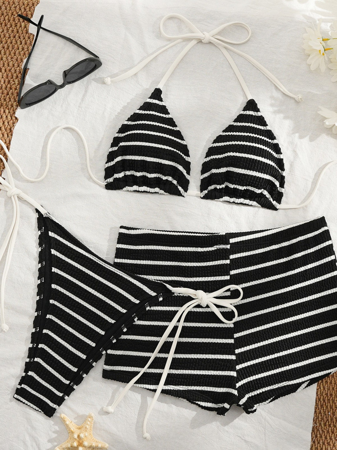 Damen Bikini-Set mit gestreiftem Oberteil und bequemen High-Waist-Hosen EB