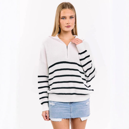 Damen sportlicher Strickpullover mit halbem Reißverschluss und Streifenmuster EB