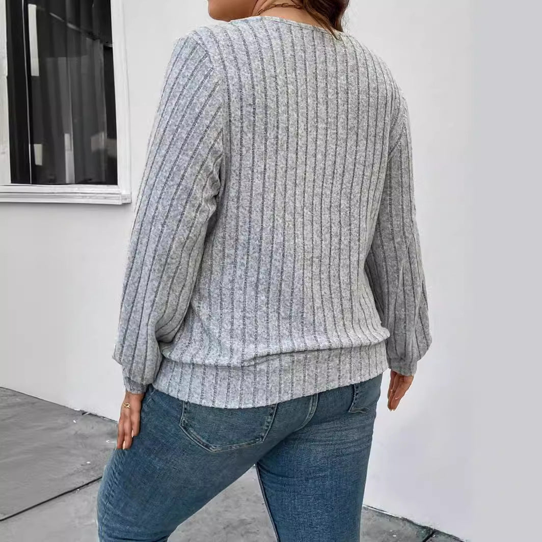 Damen lässiger Strickpullover mit tiefem V-Ausschnitt und Rippstruktur EB