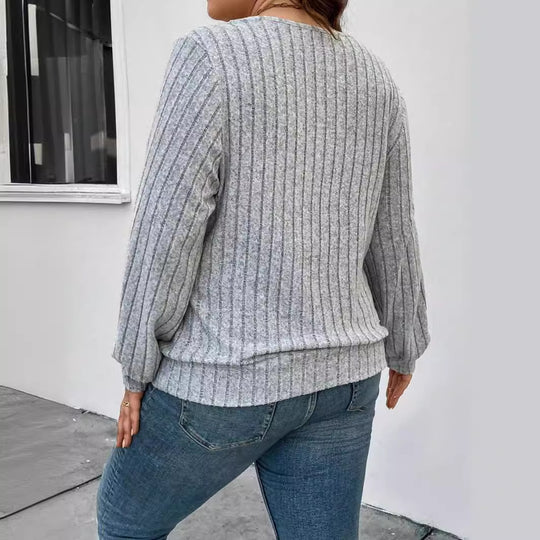 Damen lässiger Strickpullover mit tiefem V-Ausschnitt und Rippstruktur EB