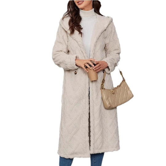Damen Fluffy Mantel mit Kapuze und Knopfverschluss EB