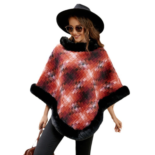 Damen modischer Poncho mit luxuriösem Kunstpelzkragen EB