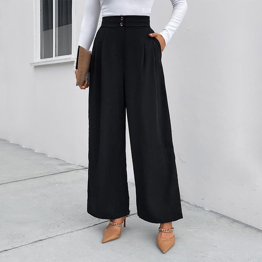 Damen elegante Hochtaillen-Breite Hose mit strukturiertem Stoff und dekorativen Knopfdetails EB