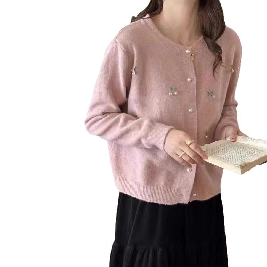 Damen Strickjacke mit feinen Perlen- und Blütenapplikationen EB
