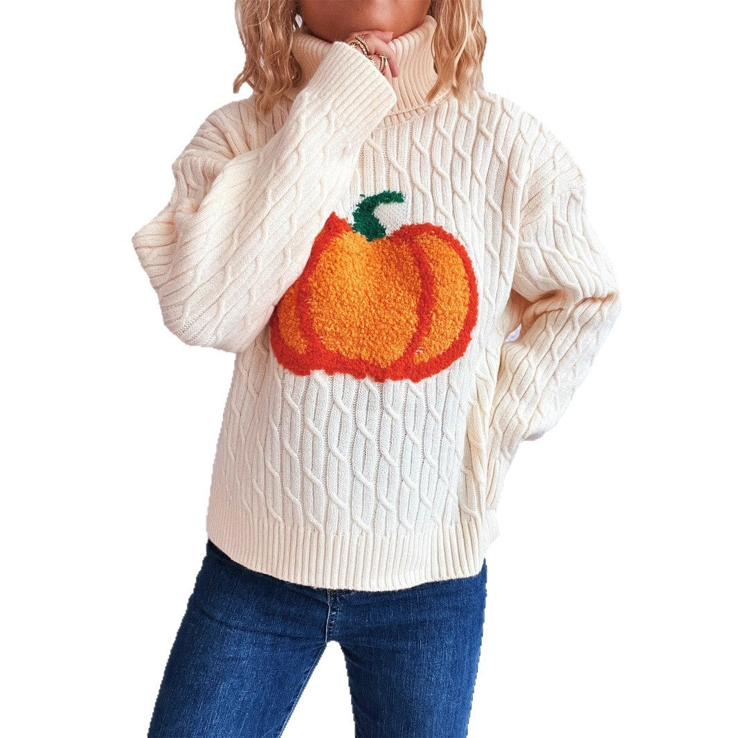 Damen Strickpullover mit Rollkragen und fröhlichem Kürbisdesign EB