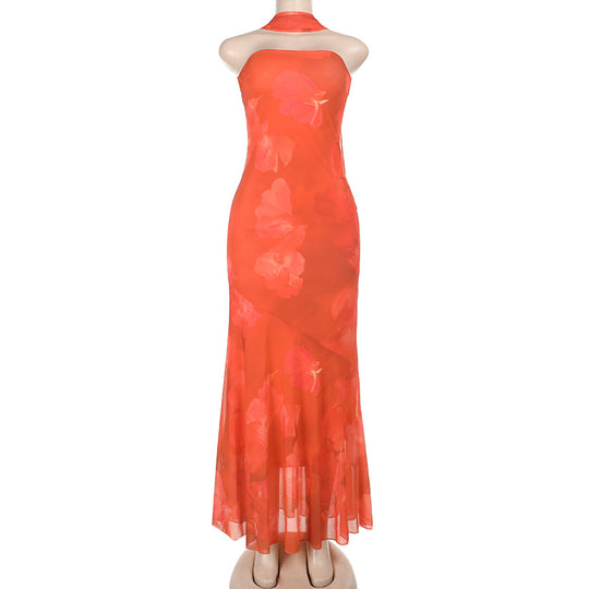 Damen Elegantes Blumenmaxikleid mit Halterneck und fließendem Stoff EB
