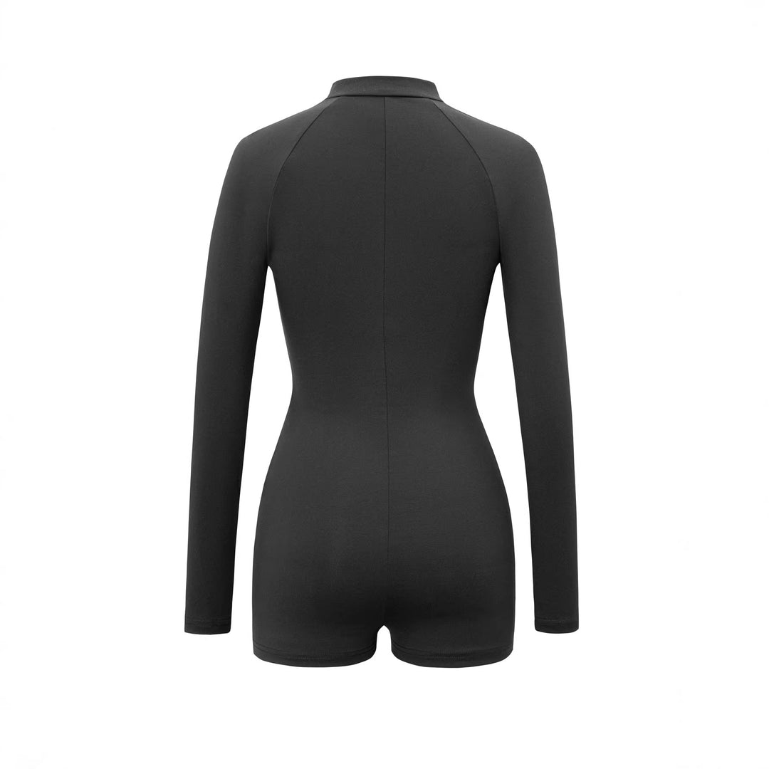 Damen Langärmeliger Jumpsuit mit tiefem V-Ausschnitt und praktischen Reißverschluss EB
