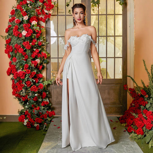 Damen Elegantes Abendkleid mit schulterfreien Ärmeln und hohem Beinschlitz EB