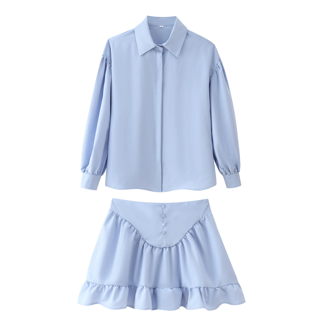 Damen Set aus eleganter Bluse mit Puffärmeln und schwingendem Rock EB