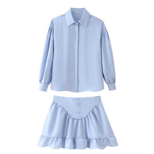Damen Set aus eleganter Bluse mit Puffärmeln und schwingendem Rock EB