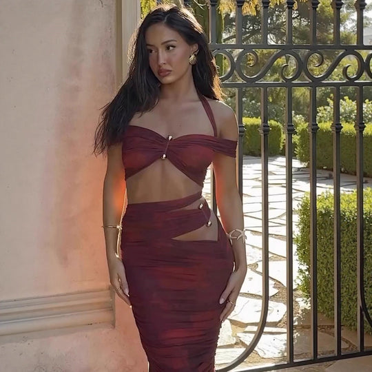 Damen Crop-Top und Maxi-Rock Set mit raffiniertem Rüschen-Design EB
