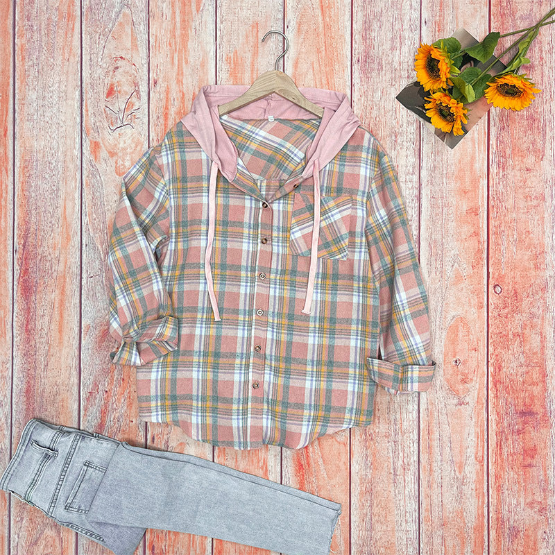 Damen nostalgische Karobluse mit Kapuze und Knopfverschluss EB