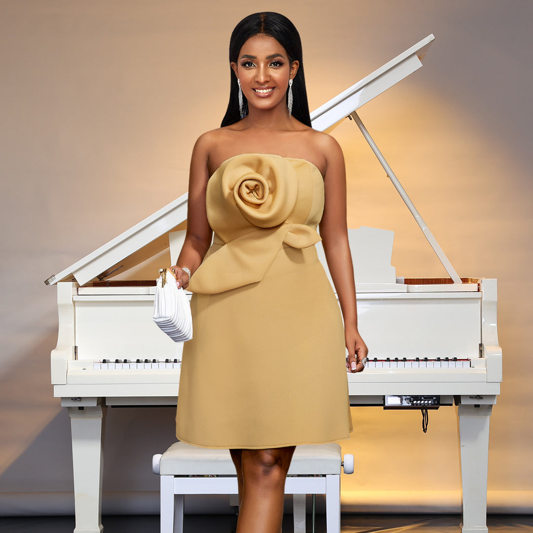 Damen elegantes Trauzeugen-Kleid mit voluminösem Rosen-Detail EB