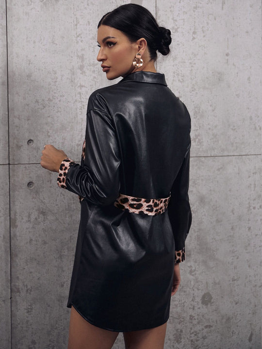 Damen Kunstleder Hemdblusenkleid mit animalischem Print und taillierbarem Gürtel EB
