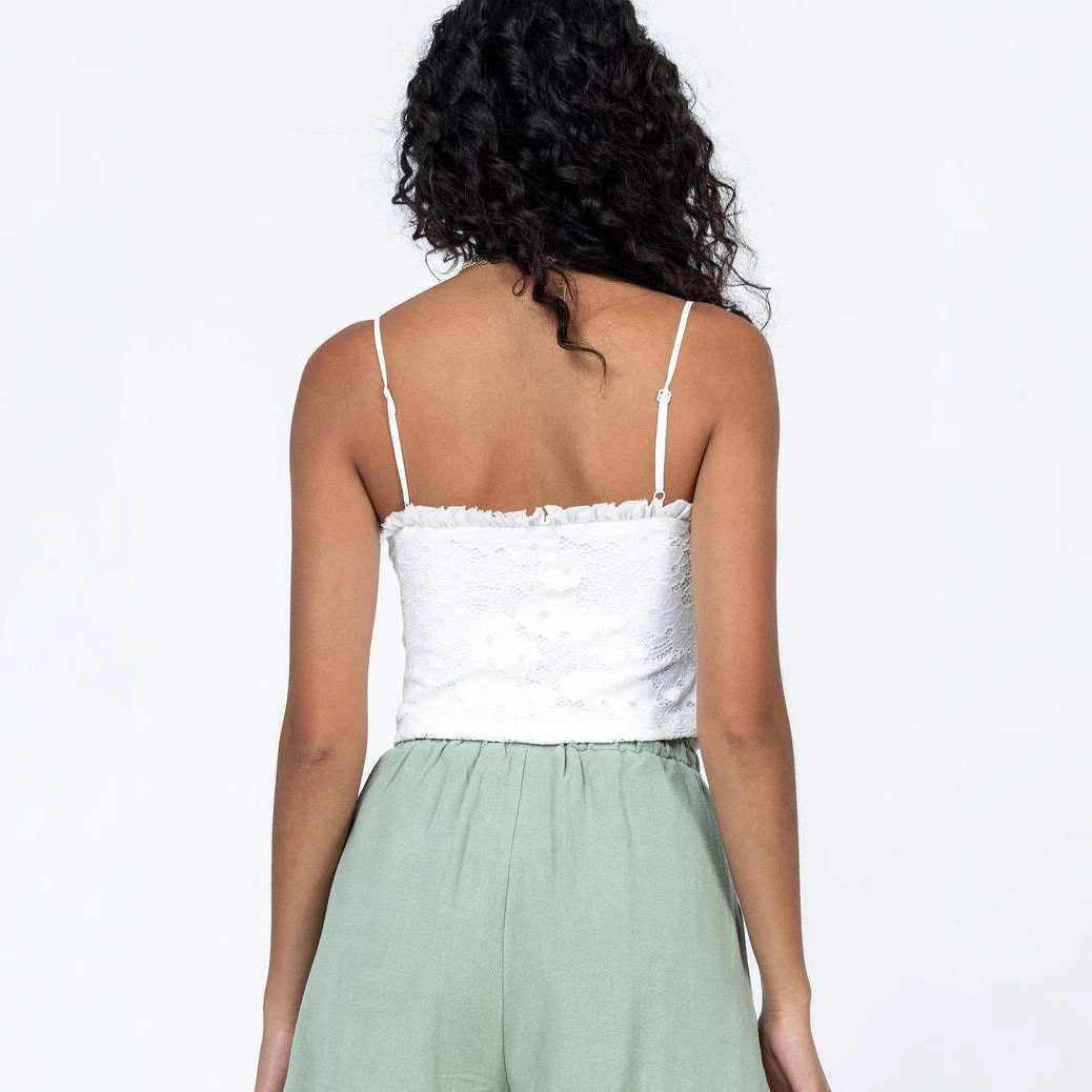 Damen Spitzen-Top mit Schnürung und Rüschendetail EB