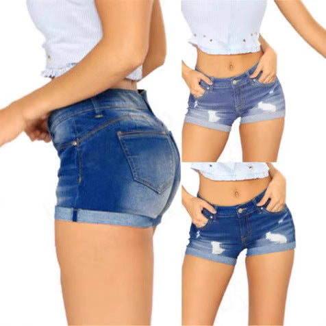 Damen lässige Destroyed Jeans-Shorts mit umgeschlagenem Saum EB