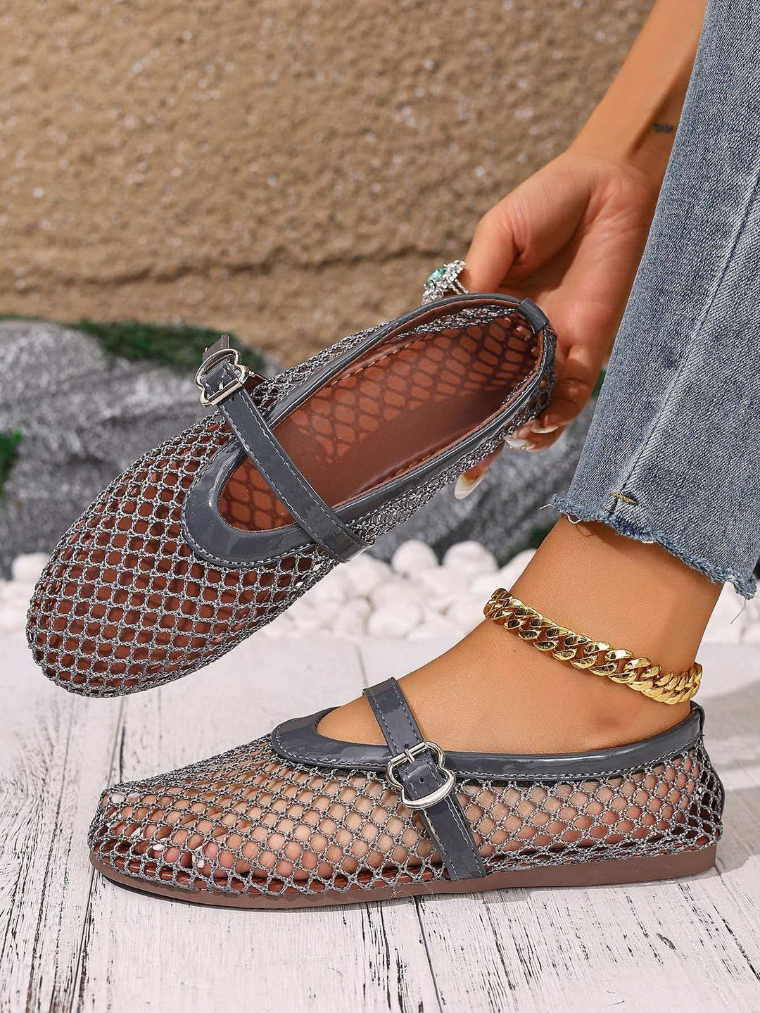 Damen elegante Freizeitschuhe mit Netzdesign und verstellbarem Riemen EB