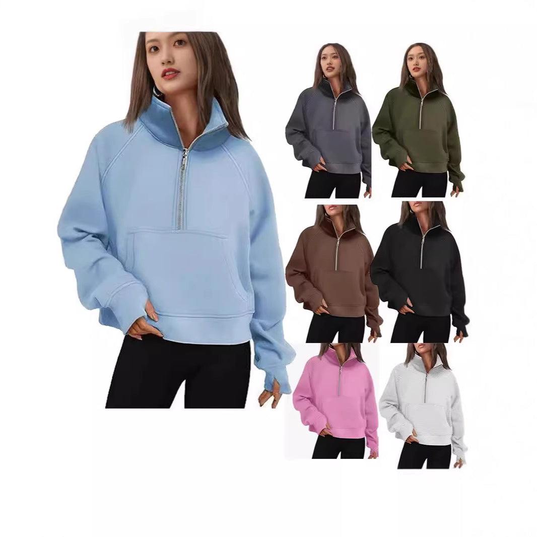 Damen nan kurzer Halfzip-Sweater mit hohem Stehkragen, Kängurutasche und verlängerten Daumenlöchern EB