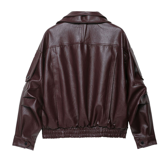 Damen modische Kunstlederjacke mit elegantem Schnitt und verstellbarem Taillengürtel EB