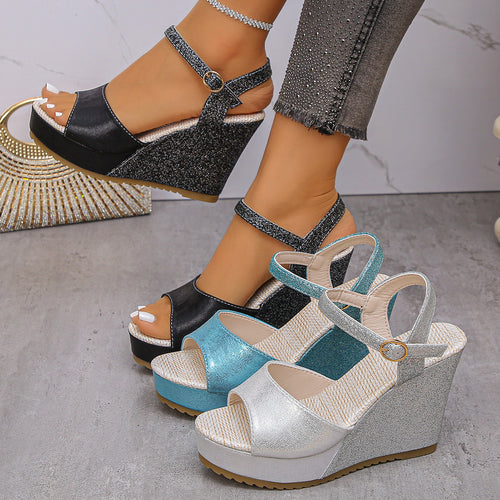 Damen Glamouröse Wedge-Sandaletten mit funkelndem Glitzer und elegantem Riemchen EB