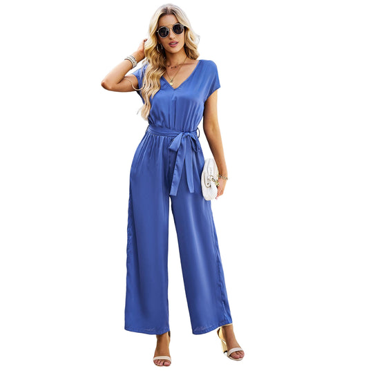 Damen Elegant geschnittener Jumpsuit mit weitem Bein und Taillengürtel EB