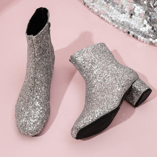 Damen glitzernde Stiefeletten mit kurzem Blockabsatz und seitlichem Reißverschluss EB