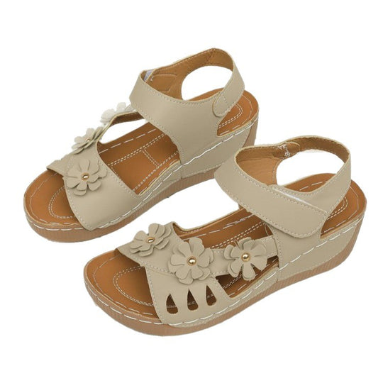 Damen modische Wedge-Sandalen mit blumiger Verzierung und verstellbarem Riemen EB