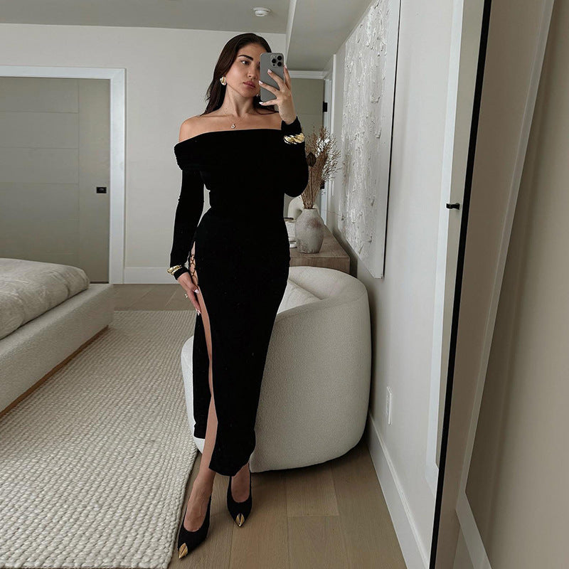 Damen schulterfreies Maxikleid mit eleganter Drapierung und transparentem Oberteil EB
