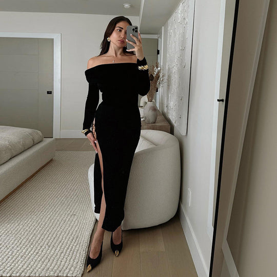 Damen schulterfreies Maxikleid mit eleganter Drapierung und transparentem Oberteil EB