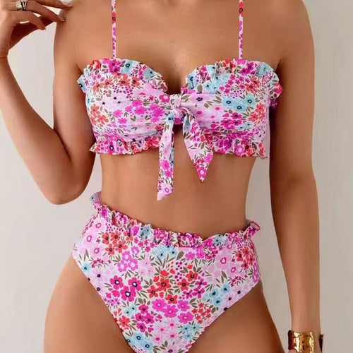 Damen Bikini-Set mit fröhlichem Blumenmuster und gerafftem Bustier EB