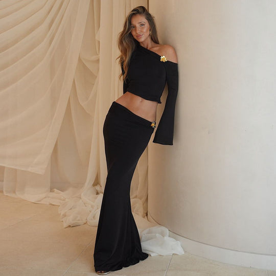 Damen Maxi-Rock mit asymmetrischem Oberteil und eleganten Trompetenärmeln EB