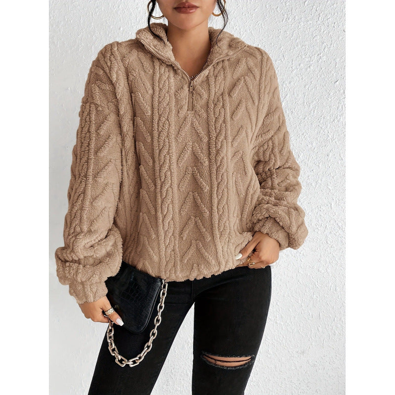 Damen kuscheliger Fleece-Pullover mit hochgeschlossenem Kragen und Reißverschluss EB