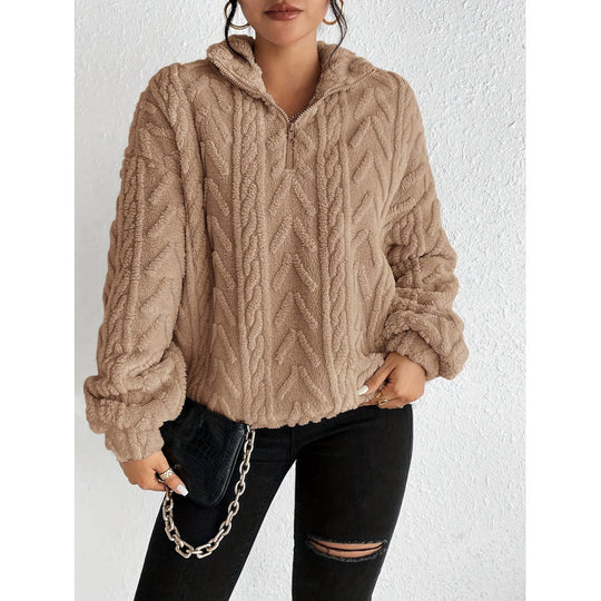Damen kuscheliger Fleece-Pullover mit hochgeschlossenem Kragen und Reißverschluss EB
