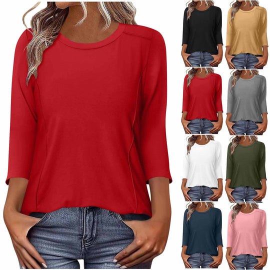 Damen nan lässiges Rundhals Shirt mit mittellangen Ärmeln und sichtbaren Nahtakzenten EB