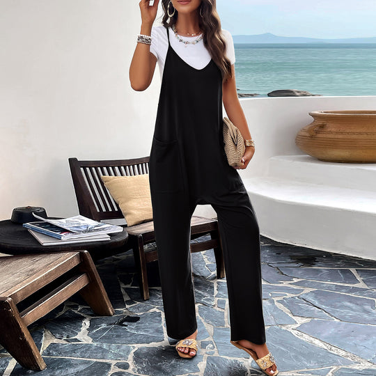 Damen Lässiger Jumpsuit mit praktischen Taschen und verstellbaren Trägern EB