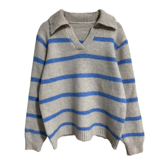 Damen Strickpullover mit V-Ausschnitt und strukturiertem Streifenmuster EB