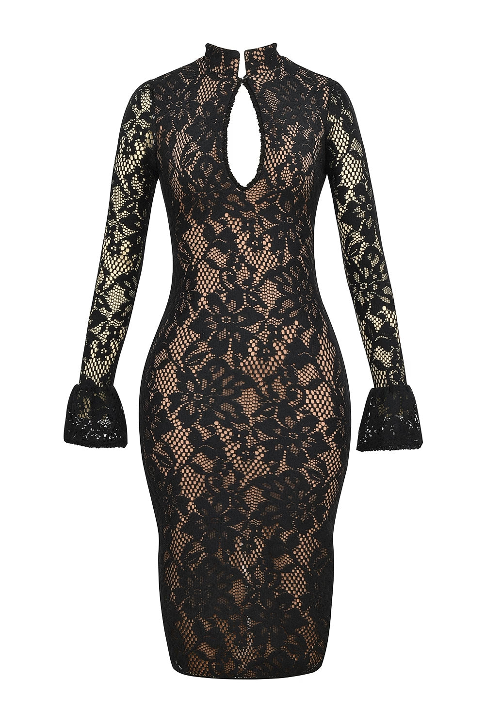 Damen Elegantes Spitzenkleid mit hochgeschlossenem Kragen und voluminösen Ärmel EB