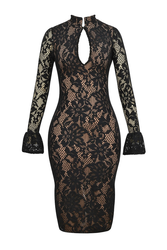 Damen Elegantes Spitzenkleid mit hochgeschlossenem Kragen und voluminösen Ärmel EB