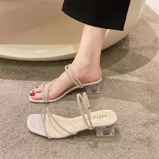 Damen elegante High-Heel Sandalen mit verziertem Riemendesign und transparentem Blockabsatz EB
