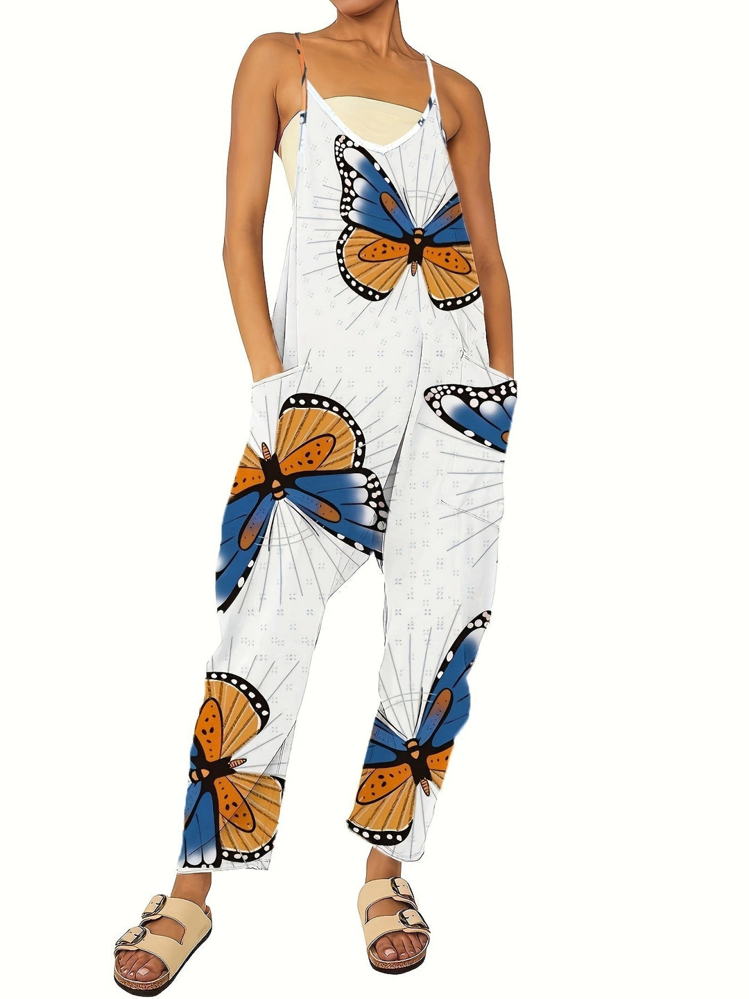 Damen Jumpsuit mit buntem Schmetterlingsmuster und praktischen Taschen EB
