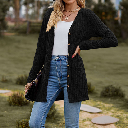 EB | Strickjacke Wollstrick Lässige Passform Knöpfe Rippstrick mit Taschen