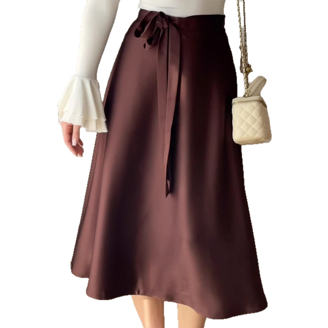 Damen Hochtaillierter A-Linien Midirock mit Bindegürtel und Satin-Finish EB