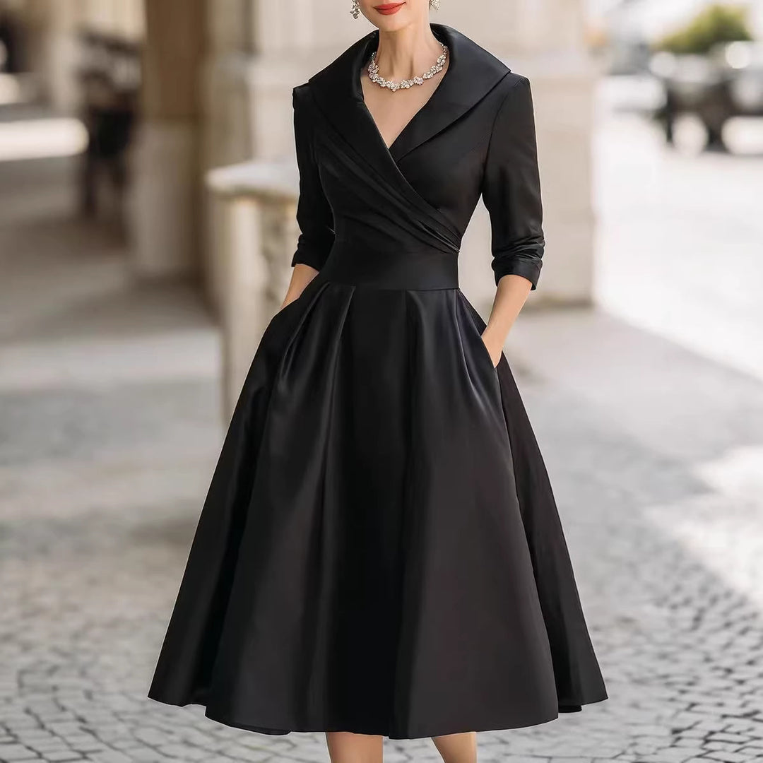 Damen nan elegantes Midikleid mit Wickeloberteil, Dreiviertelärmeln und Eingrifftaschen EB