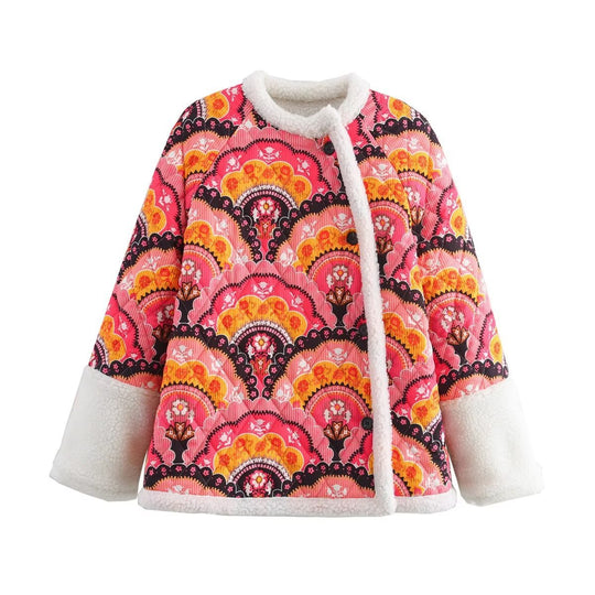 Damen gesteppte Überwurfjacke mit buntem Muster und flauschigem Innenfutter EB