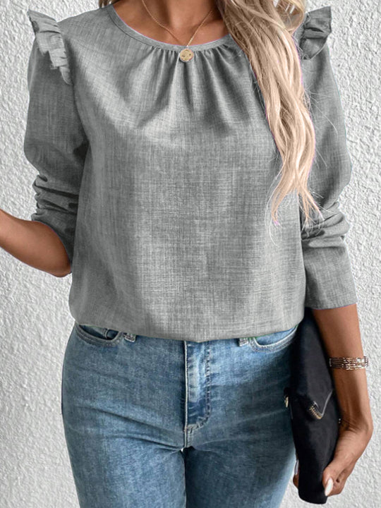 Damen Elegante Bluse mit Rüschendetails und Rundhalsausschnitt EB